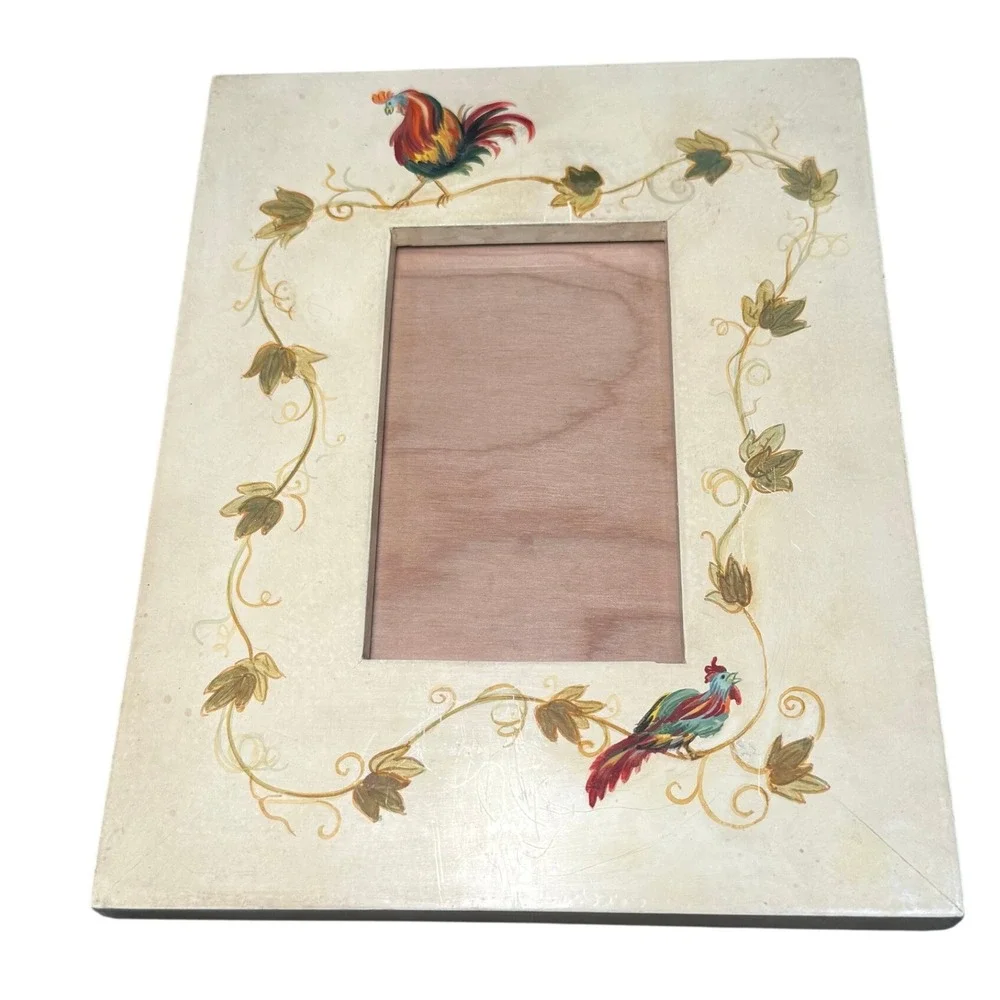 Hand Painted Rooster Vine Wooden Picture Frame Rustic Farmhouse 10in